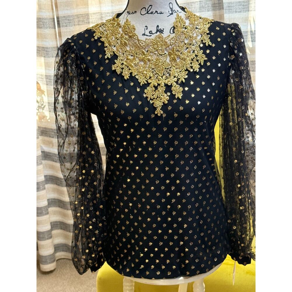 Vintage 80s Black Gold Blouse Lace Applique Polka Dot Sheer Sleeve NOS Sz 8